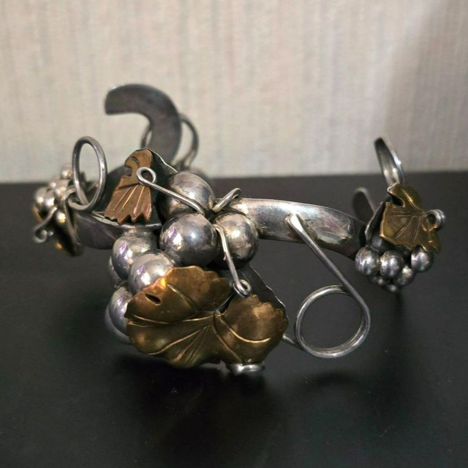 Vintage Taxco Mexican Sterling Silver Grape And Leaves Cuff Bracelet